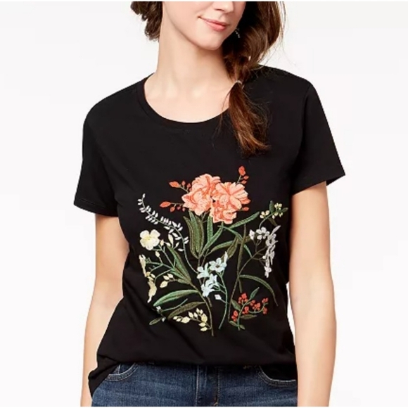 Style & Co. Tops - Style & Co Floral Embroidered Tee Black Size L